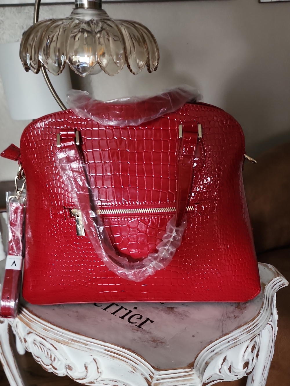 Red Croc-Embossed Shoulder Bag with Gold Hardware